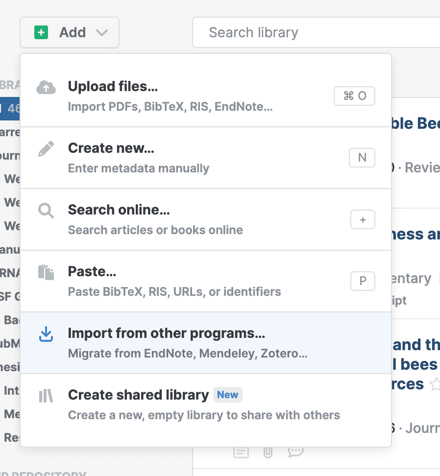 The Add menu open with “Import from other programs… — Migrate from EndNote, Mendeley, Zotero…” highlighted, below Upload files, Create new, Search online and Paste, and above Create shared library.